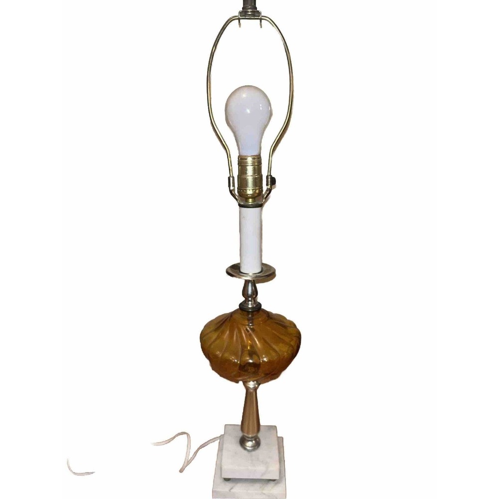 MCM Working Table Lamp With Amber Orb And Double Italian Marble Base